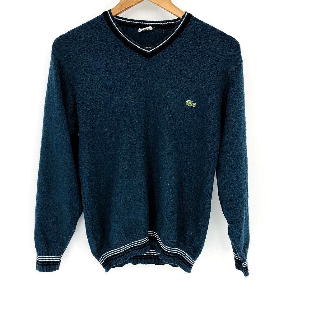 Lacoste Blue V-Neck Striped Navy Blue Pull Over Sweater Youth Size 00 (Large)